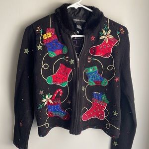 Hampshire Studio Holiday bedazzled Embroidered Zip Faux Fur Jacket-Sweater- P/P